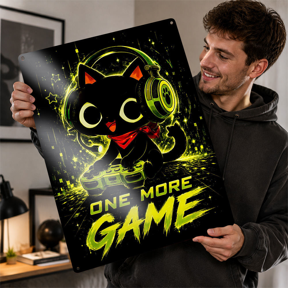 Retro Gaming Cafe - Poster in Metallo Gatto Gamer Carino