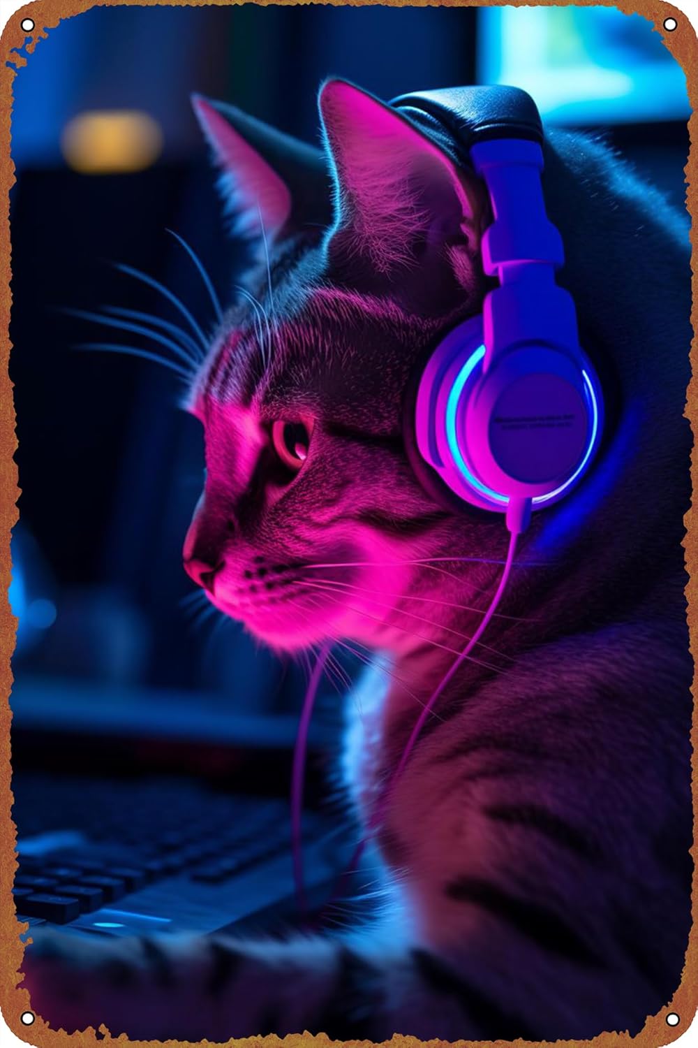 Retro Gaming Cafe - Poster in Metallo con Gatto Gamer,